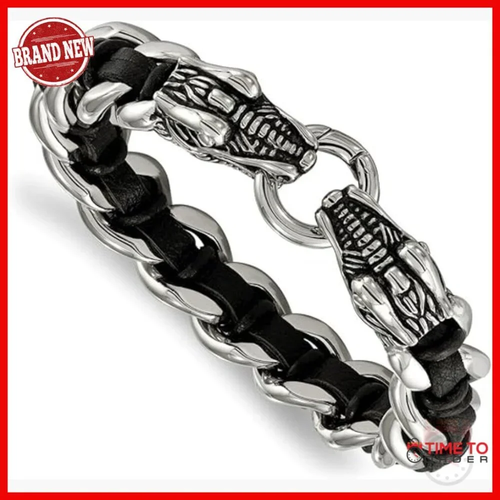 Stainless Steel Dragon Head Bracelet with Leather Band, 8.5 Inches